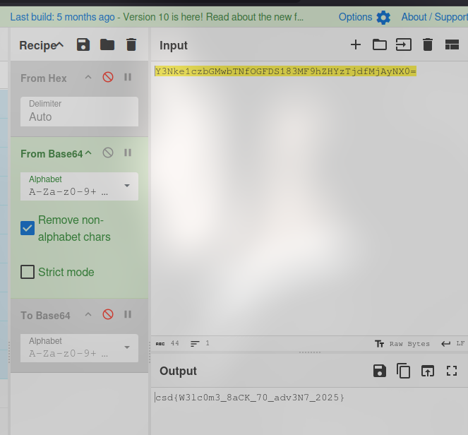 Base64 to clear text revealing the flag